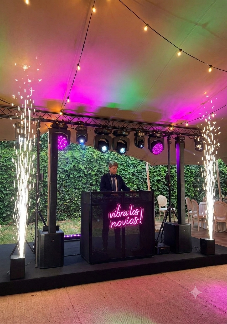 Máquinas de fuego frío junto a la cabina de DJ en una boda